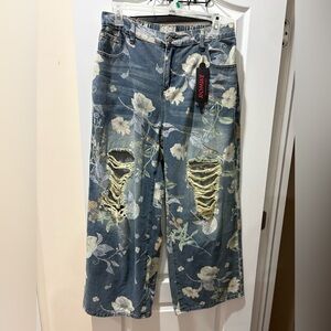 ROMWE Floral Distressed Boyfriend Jeans - Blue